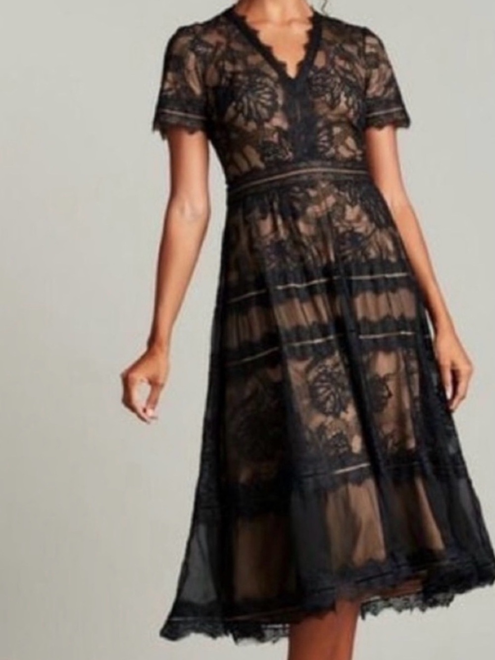 Tadashi Shoji black lace over nude lining S-6 midi